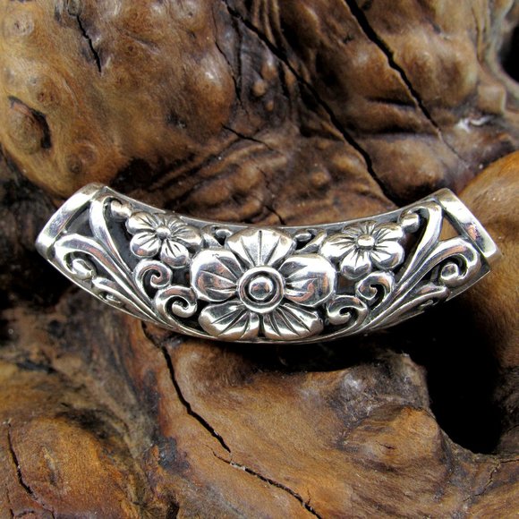 Solid 925 Sterling Silver Ornate Filigree Folk Flower Bead Slide Pendant - Picture 1 of 7